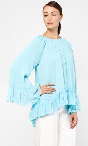 Aella Flowy Ruffle Top in Ocean Blue