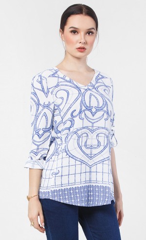 July Long Sleeves Blouse in White and Blue