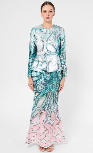 Geoforest Modern Kurung Set in Off White, Pink and Green