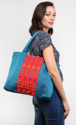 Tote Bag in Blue and Flowers