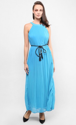 Pleated Dress with Sling Belt in Blue