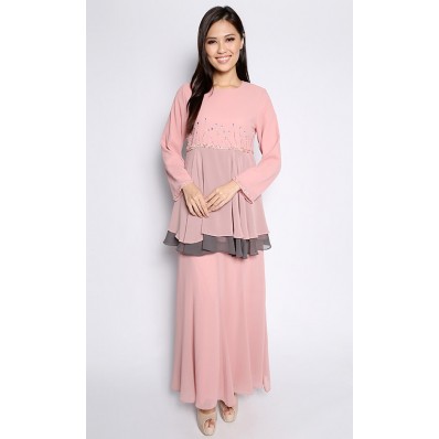 Beaded Peplum Kurung in Dusty Pink