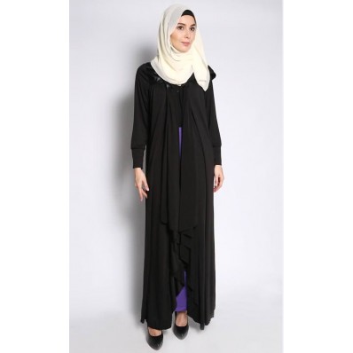 Leather Long Wrap Hoodie in Black