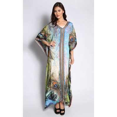Long Kaftan Dress in Blue and Green