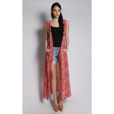 Maimun Sleeveless Long Cardigan in Red