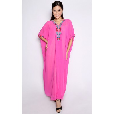 Kaftan with Flowers and Beading in Fanta