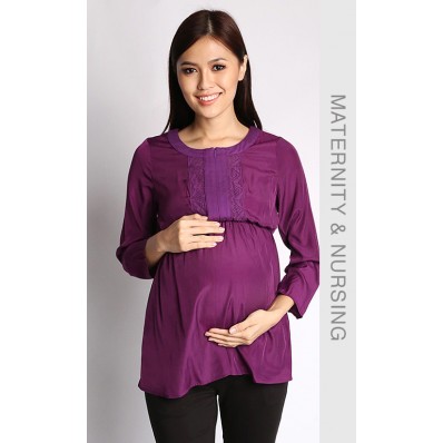 Pagan Lace Trim Nursing Blouse in Purple