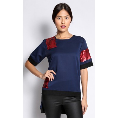 Poplin with Red Sequins Applique Top in Blue