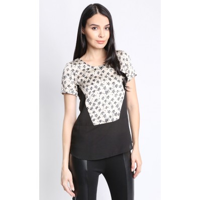 Contrast Star Top in Black and Nude Print
