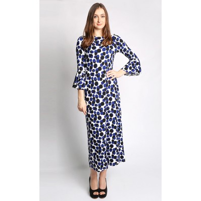 Polka Dot Printed Bell Sleeves Maxi Dress in Blue