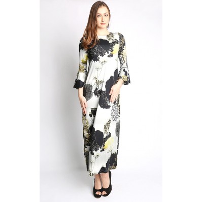 Abstract Printed Bell Sleeves Maxi Dress in Olive