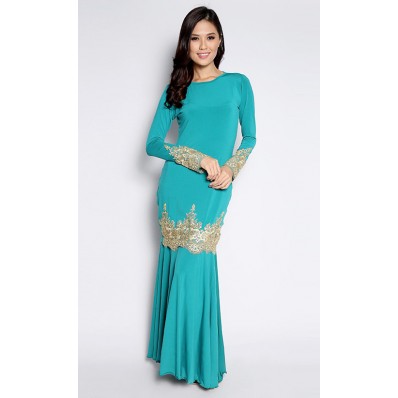 Bold Kurung with Yellow Lace in Teal
