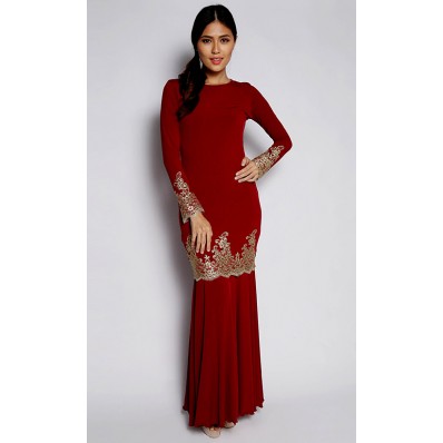 Bold Kurung with Gold Lace in Burgundy