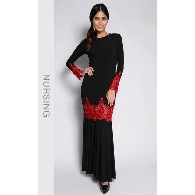 Nursing Bold Kurung with Red Lace in Black