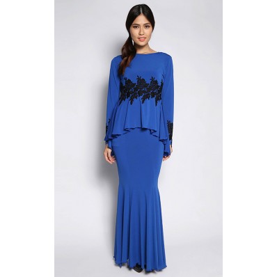 Savvy Peplum Kurung with Black Lace in Electric Blue