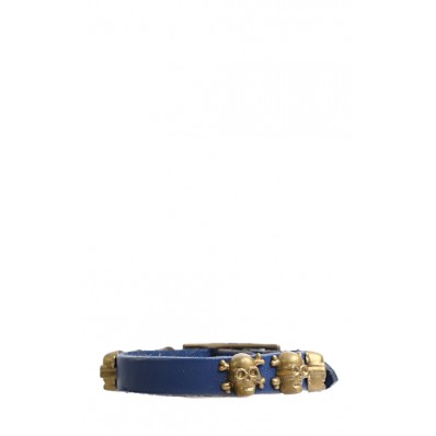 Pirate Skull Leather Cuff In Blue