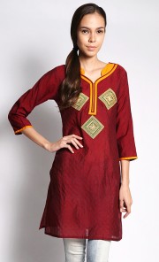 Jacquard Patchwork Kurti in Maroon
