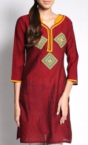 Jacquard Patchwork Kurti in Maroon