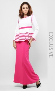 Camelia Kurung in Bright Pink and White