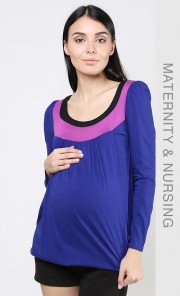 Contrast Neck Maternity and Nursing Top in Blue