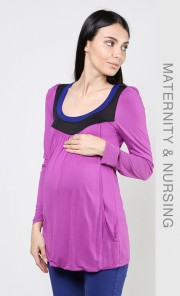 Contrast Neck Maternity and Nursing Top in Plum
