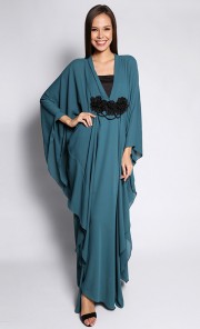 V-Neckline Kaftan with Flower in Turquoise