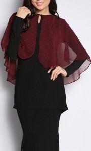 Midi Kurung with Flare Cape in Red and Black