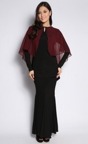 Midi Kurung with Flare Cape in Red and Black