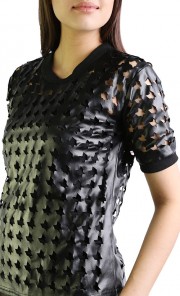 PU Leather Laser Cut Houndstooth Top in Black