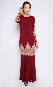 Kurung with Bronze Sequinned Lace in Burgundy