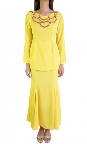 Beaded Neckline Kurung in Yellow