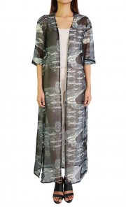 Maya Long Floral Print Cardigan in Grey 