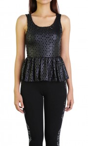 Cut Out Leather Sleeveless Peplum in Black 