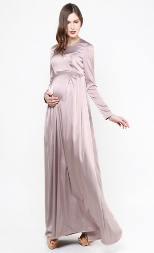 Plain Satin Dress in Mauve Beige