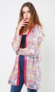 Satin Kimono Cardigan with Pink Piping in White