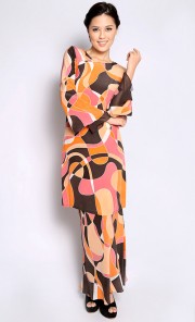 Abstract Full Kurung in Orange