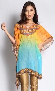 V-Neck Short Kaftan in Yellow and Blue