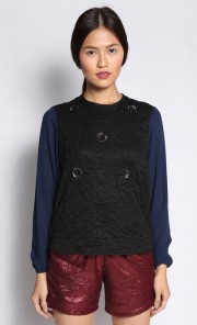 Embossed Embellished Long Sleeves Top in Black