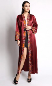Jelita Long Cardigan in Maroon and Orange Paisley