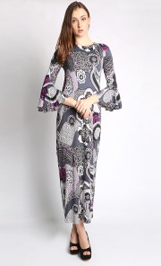Abstract Printed Bell Sleeves Maxi Dress in Purple