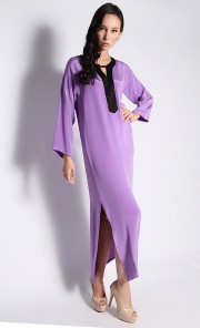 Crepe Silk Colour-Block Tunic Dress with Hand-embellished Neckline in Purple