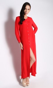Collarless Shirt Dress in Red