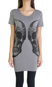 Embellished Skull Top Tee in Black and Grey