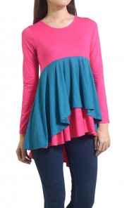 Arina Peplum High Low Blouse in Pink and Turquoise