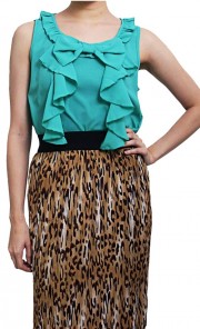 Sleeveless Ribbon Ruffle Top in Green 