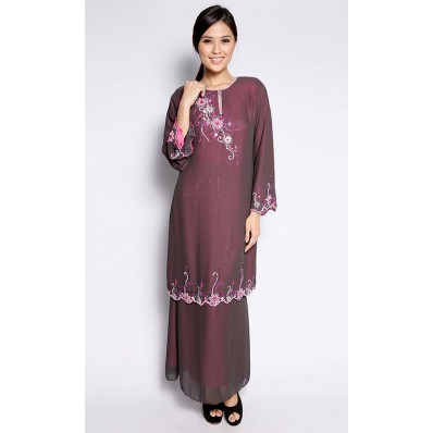 Beaded Modern Kurung in Grey and Pink