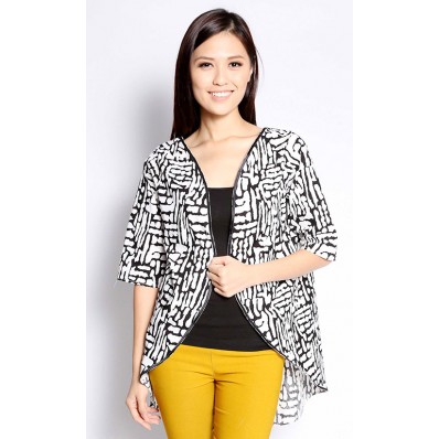 Printed Kimono Cardigan with Black Piping in White