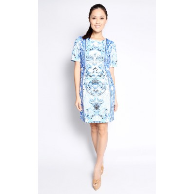 Printed Mirror Baroque Dress in Blue