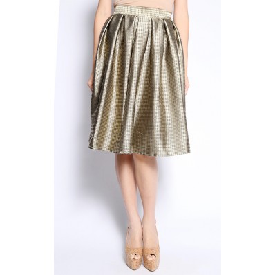 Houndstooth Mid Length Skirt in Gold