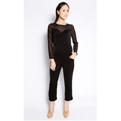 Pantsuit with Sheer Yoke in Black